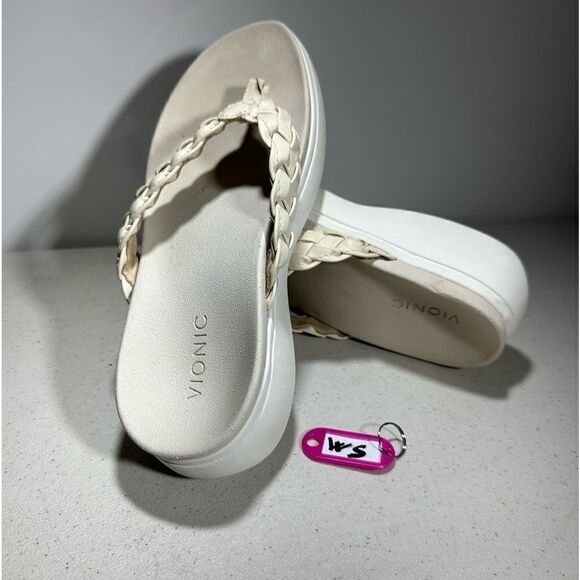 Vionic Sunrise Kenji Cream Braided Toe Post Platform Thong Flip Flop Sandals 6 - Picture 1 of 8